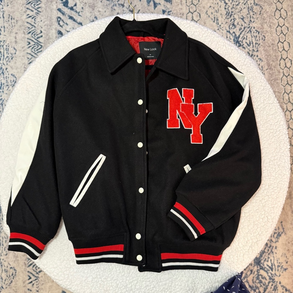 Forever 21 Black Varsity Jacket with Red NY Patch